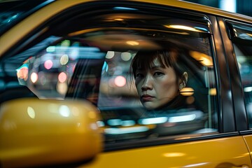 A woman taxi driver is sitting in a yellow taxi cab. The taxi cab is parked in a city street. The...
