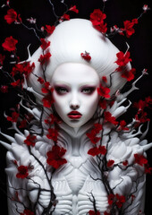 Asian woman in wonderland with red flowers on a dark background conceptual for photo frame