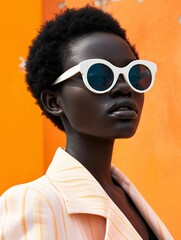 Fototapeta premium Black Woman in White Sunglasses and Striped Shirt