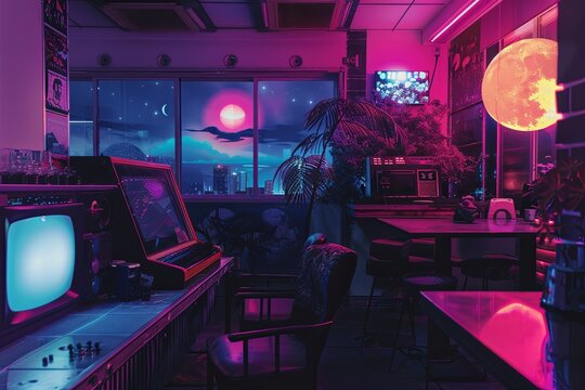 A neon-lit room with a TV, a microwave, and a potted plant. The room has a futuristic and neon vibe