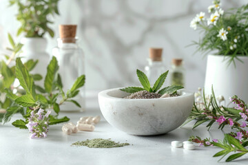 Pharmaceutical stand with stone mortar and herbs. Generative AI