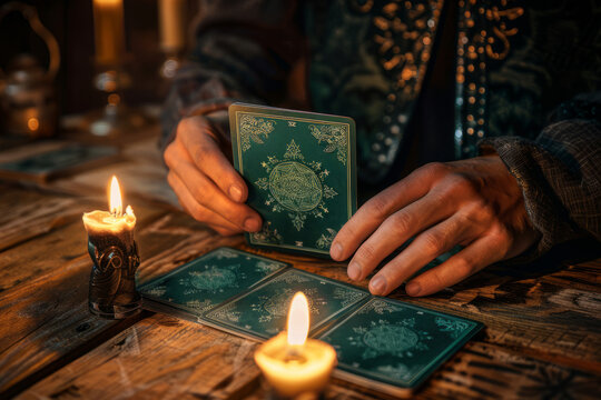 Tarot reader pick up tarot card. Tarot cards spread on table near burning candles. Generative AI