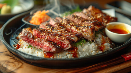 Fototapeta premium Bulgogi with meat on dark background. Traditional Korean food. Beef bulgogi with steamed rice, white rice with teriyaki beef and cut vegetables on a plate with black and blurry background, Top view.