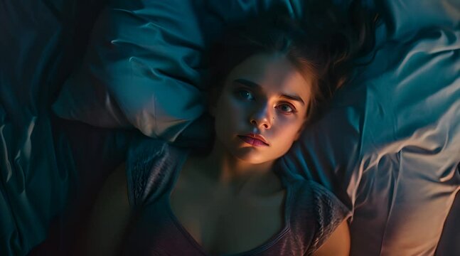 Top View of Beautiful Young Woman Sleeping Cozily on a Bed in His Bedroom at Night.