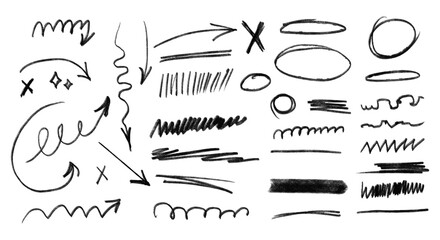 Crayon brush stroke underline arrows set. Grunge creative text decoration. Vector illustration for banner, web site, poster
