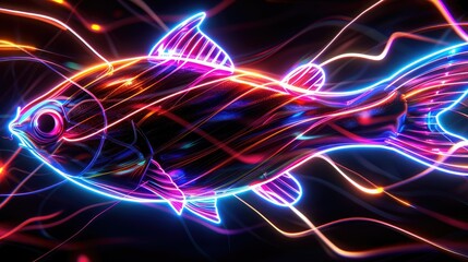 "Neon Fish: Illuminated Glowing Lines and Futuristic Background"