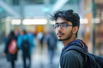 Portrait of a student thinking about his future. Blurred background, long exposure, bokeh. Created with Generative AI technology.