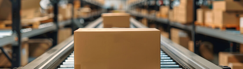 Cardboard Boxes on High-Speed Conveyor Belt in Warehouse E-Commerce Fulfillment and Online Order Delivery
