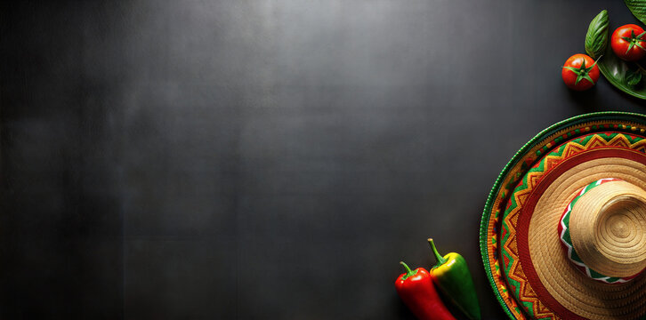 Mexican sombrero and serape with space for text on a dark background. Mexico backdrop for festive festival Cinco de mayo