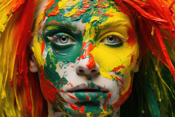 Intense gaze of a person with face and hair covered in a wild explosion of red, yellow, and green paint, embodying a bold artistic statement.