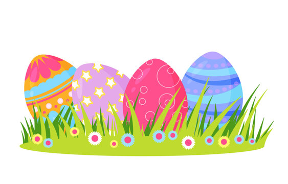 Easter eggs  in spring grass and flowers vector illustration.