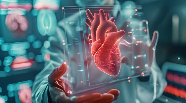 Cardiologist on blurred background using digital x-ray of human heart holographic scan projection 3D rendering
