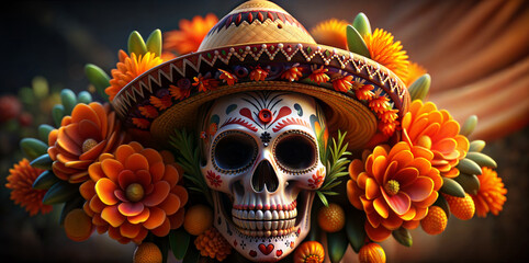 Vibrant illustration of a sugar skull with a mexican hat surrounded by flowers for dia de los muertos. Mexican background for Mexico festive festival Cinco de mayo