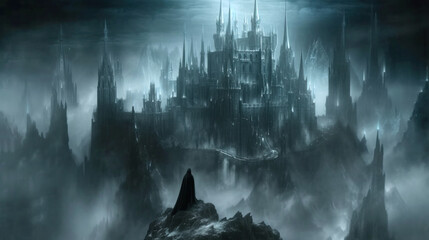Sinister black haunted castle on rocky cliff - obrazy, fototapety, plakaty