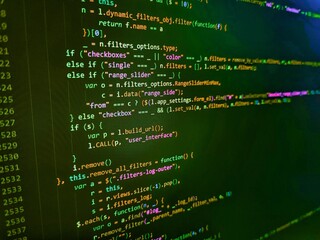 Computer script coding source code on desktop monitor. Programming, webdesign HTML printed code