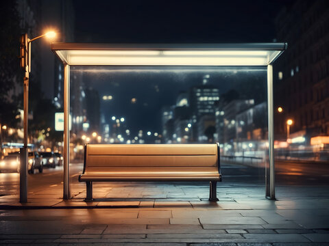 a bench on a city street at night, a stock photo billboard mock-up