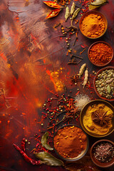 Top view of Indian spice in red tone with copy space for text. Food background. Generative AI. - 756471413