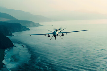 Militärische Drohne vom Typ Reaper über dem Meer, erstellt mit generativer KI