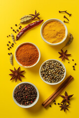 Top view of Indian spice in yellow tone with copy space for text. Food background. Generative AI.