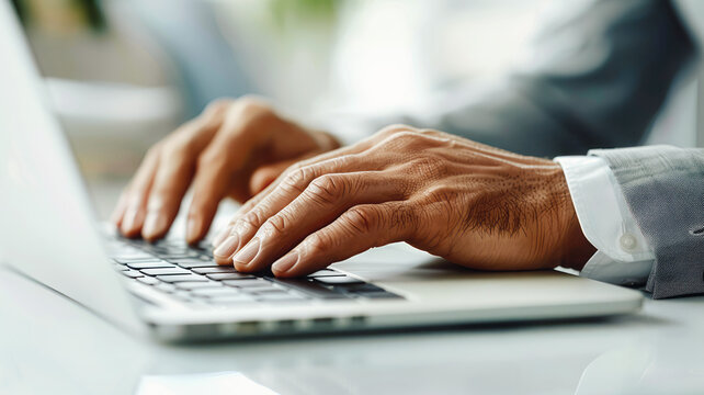Man's hands on laptop keyboard against an office background, depicting professional productivity and communication.