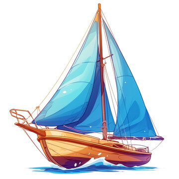 A beautiful wooden boat with a blue sail for wonderful summer trips on the sea against the background of the setting sun. The concept of vacation, adventure and relaxation
