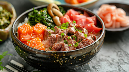 The photo shows the shabushabi dish, which includes various ingredients such as meat and vegetables in an iron pot. There is one piece of beef on top, some green leaves, mushrooms and white smoke. 
