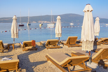 Summer beach vacation.  Montenegro, Adriatic Sea, Bay of Kotor. Beautiful Mediterranean landscape on sunny summer morning