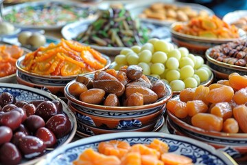 Healthy Food. variety of snacks, including dried fruits and pickled vegetables in ceramic bowls on the table, religion festival, eid mubarak, holy month of Ramadan Kareem concept