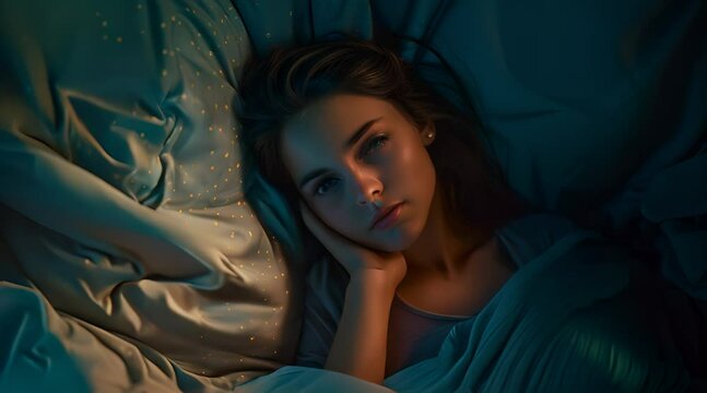 Top View of Beautiful Young Woman Sleeping Cozily on a Bed in His Bedroom at Night. Blue Nightly Colors with Cold Weak Lamppost Light Shining Through the Window.