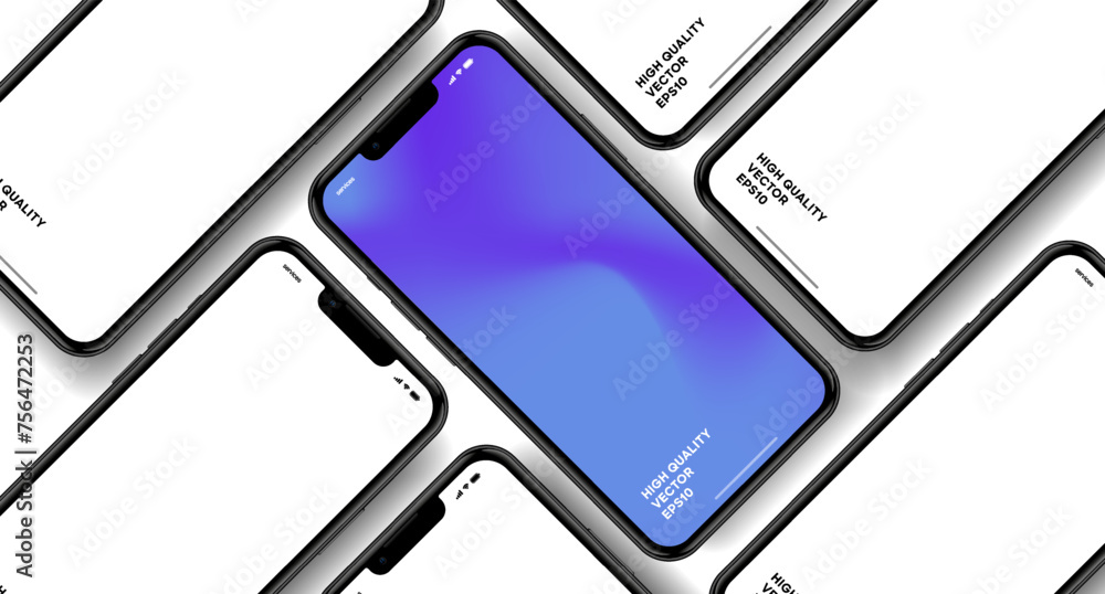 Poster Realistic smartphone mockup. Mobile phone vector with isolated on white background. Device front view. 3D mobile phone with shadow. Realistic, high quality smart phone mockup for ui ux presentation.