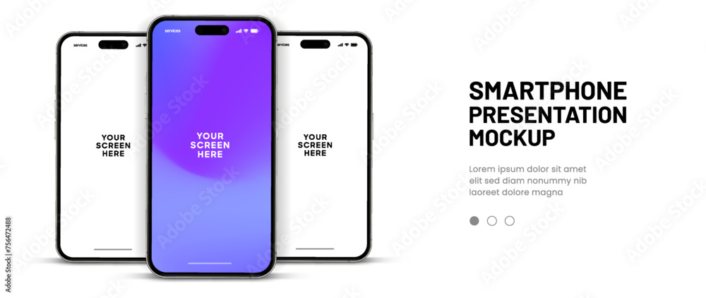 Poster Realistic smartphone mockup. Mobile phone vector with isolated on white background. Device front view. 3D mobile phone with shadow. Realistic, high quality smart phone mockup for ui ux presentation.