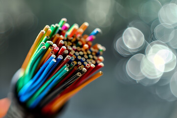 Obraz premium electrical cable with colorful wires in closeup blurred background