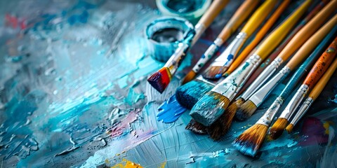 Fototapeta premium Vibrant Still Life: Paintbrushes, Paints, Sketchbook, and Pencils on Canvas. Concept Still Life Photography, Vibrant Colors, Painting Supplies, Artistic Composition