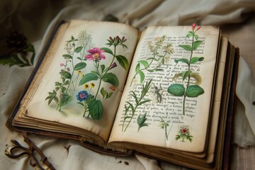 Dry plants on the book. A book with a herbarium and description
