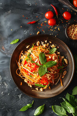 Top view of Thai salad recipe with copy space for text. Food background. Generative AI.