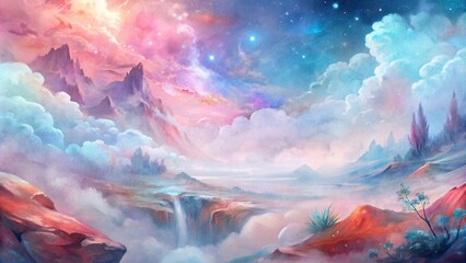 Fantasy landscape with mountains, river and sky. Digital painting.