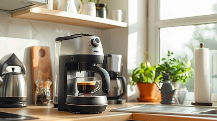 A coffee maker and coffee brewing machine can be seen in a clean and tidy modern kitchen - obrazy, fototapety, plakaty