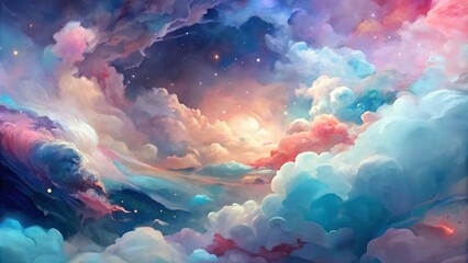 Fantasy sky with clouds and stars. Colorful abstract background. - obrazy, fototapety, plakaty