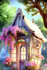 view of a pink home. Building facade in watercolor,