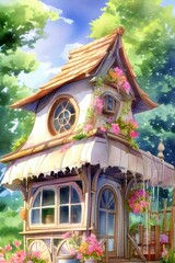 Fototapeta premium view of a pink home. Building facade in watercolor,