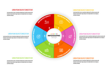  Vector circular diagram divided into six colorful sections with icons representing startup development strategies.