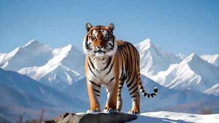 A majestic tiger standing tall against a backdrop of snow-capped mountains, its powerful frame silhouetted against the crisp blue sky.