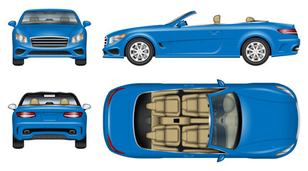 Blue convertible car vector mockup on white for vehicle branding, corporate identity. View from side, front, back, top. All elements in the groups are in separate layers for easy editing and recolor