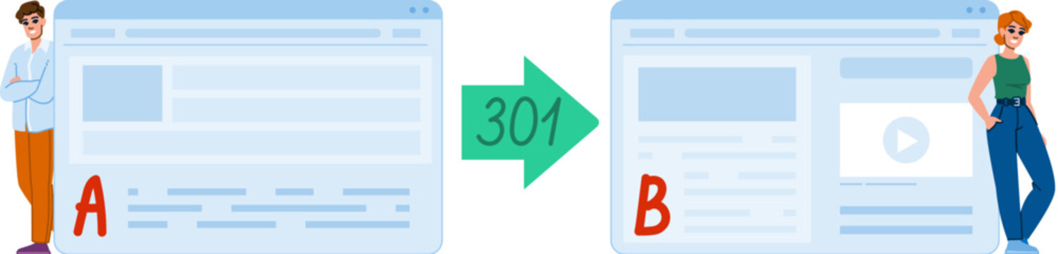 301 redirect vector. code page, sign file, url security 301 redirect character. people flat cartoon illustration