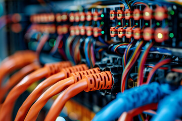 closeup of network switch and blue cable in data center, blurred background - obrazy, fototapety, plakaty