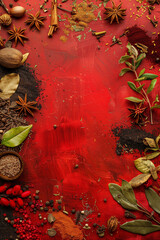 Top view of Indian spice in red tone with copy space for text. Food background. Generative AI. - 756474459