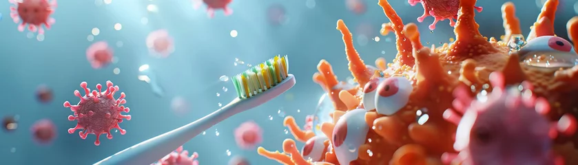 Foto op Plexiglas A minimalist 3D scene featuring a charming toothbrush heroically escaping a swarm of cartoon germs © losee