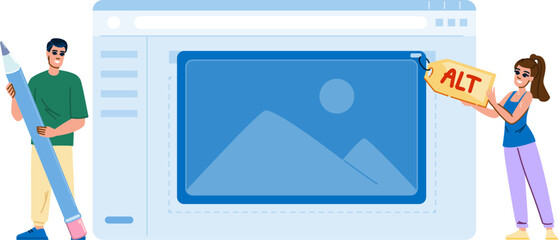 image alt text vector. title optimization, seo web, website technology image alt text character. people flat cartoon illustration