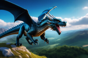 Fototapeta premium Huge aggressive mystical Chinese dragon on nature. scary mystical creature
