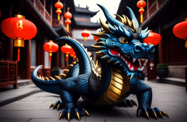 Big traditional mystical Chinese dragon from fairy tales and legends. Fantasy dragon at Chinese street. Year of the Dragon